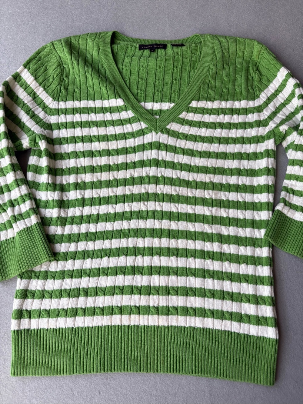 Y2K Jeanne Pierre Cotton Green/White Striped V-Neck Cable Sweater sz S prep